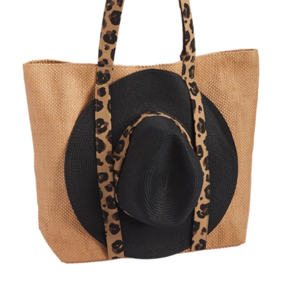 Mud Pie Straw Beach Tote Bag Leopard Print Straps with Sun Hat Holder - Picture 9 of 9